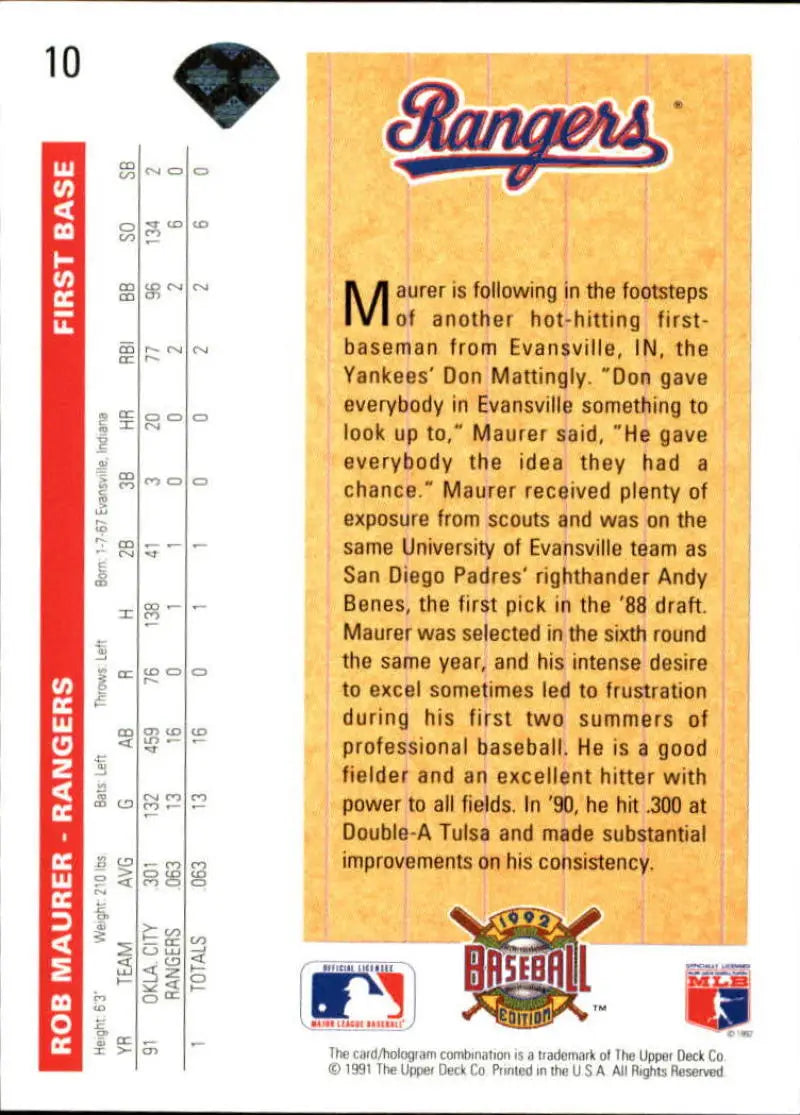 Baseball card of Rob Maurer, Texas Rangers player stats on the back, 1992 Upper Deck