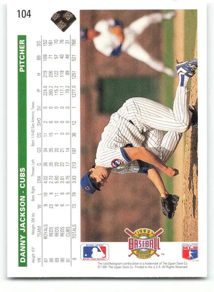 Baseball card of Danny Jackson sliding into base in Chicago Cubs pinstriped uniform