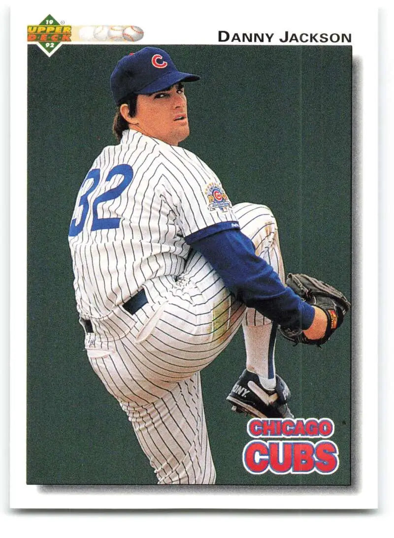 Baseball player in Chicago Cubs pinstriped uniform ready to pitch on Danny Jackson card