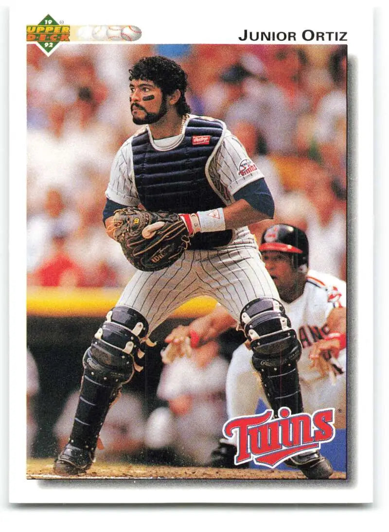 Junior Ortiz in protective gear on 1992 Upper Deck Minnesota Twins baseball card