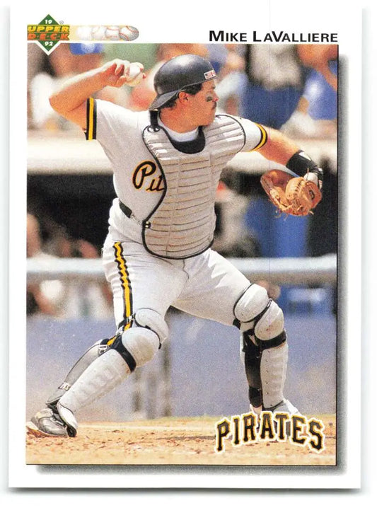 Baseball card of Mike LaValliere, Pittsburgh Pirates catcher in white uniform