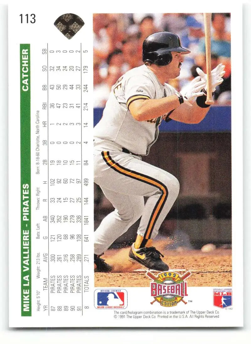 Baseball card of Mike LaValliere at bat for the Pittsburgh Pirates in white uniform