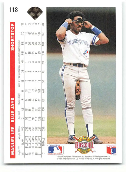 Toronto Blue Jays player Manuel Lee adjusting helmet on the field, 1992 Upper Deck card