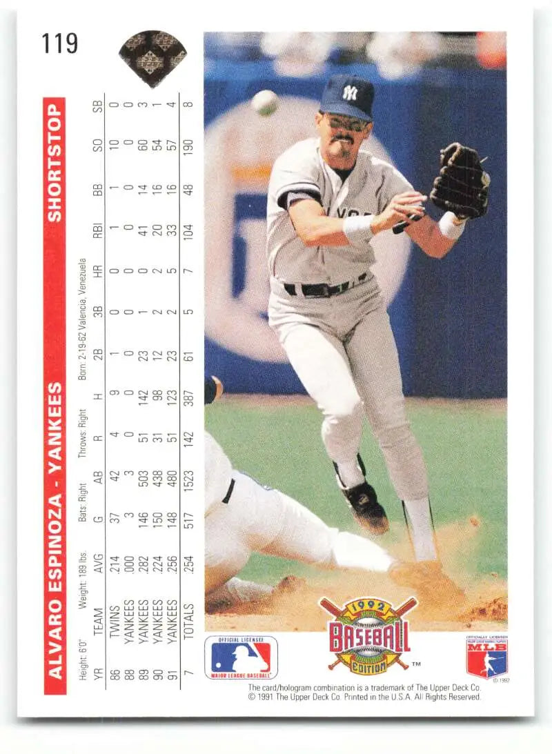 Alvaro Espinoza fielding at second base on 1992 Upper Deck New York Yankees Baseball Card