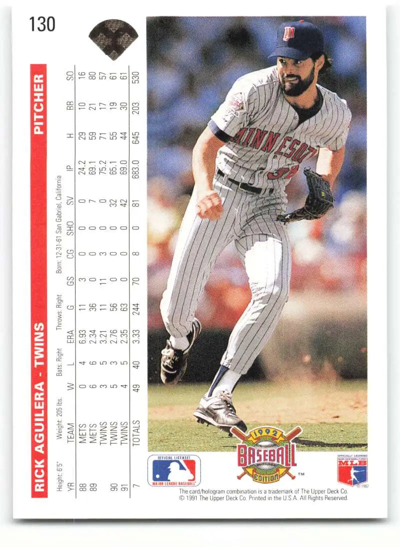 Minnesota Twins Baseball Card featuring Rick Aguilera mid-pitch in pinstriped uniform