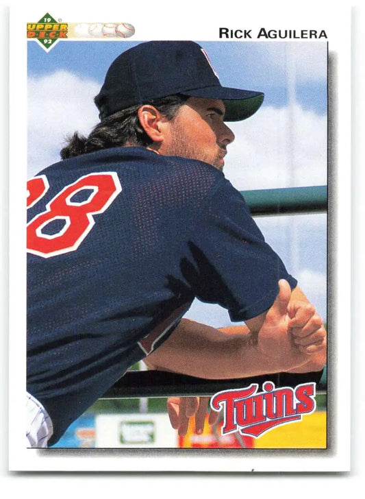 Minnesota Twins baseball card of Rick Aguilera in navy blue uniform and cap