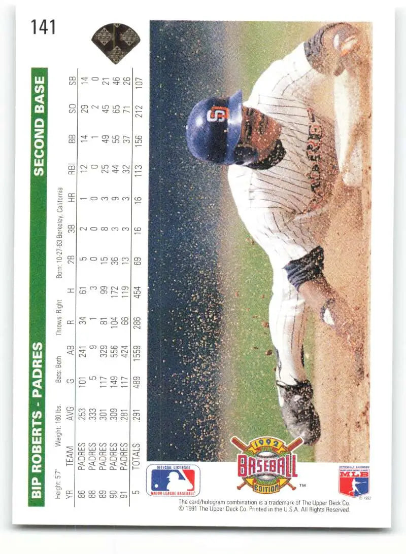 1992 Upper Deck Bip Roberts Baseball Card featuring San Diego Padres player in white uniform