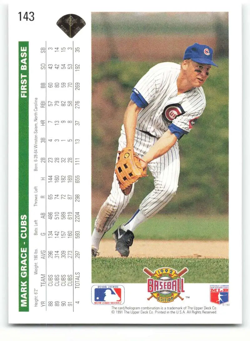 Baseball card of Mark Grace fielding in Chicago Cubs white pinstriped uniform