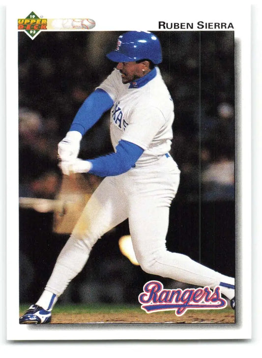 Baseball card of Ruben Sierra mid-swing for Texas Rangers by Upper Deck