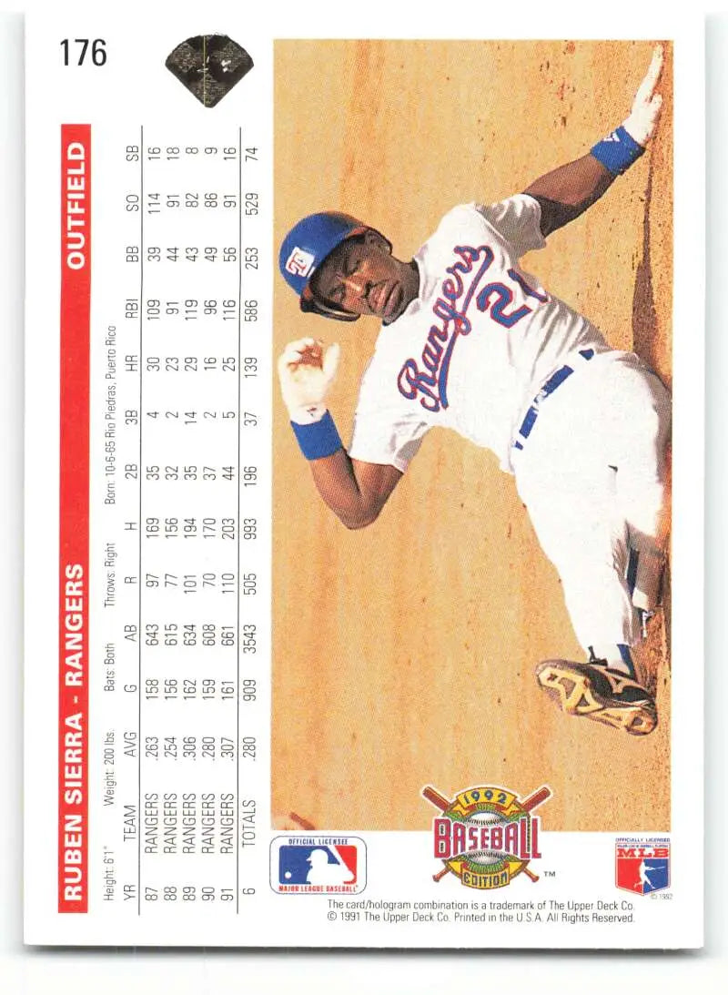 Ruben Sierra sliding into base on a 1992 Upper Deck Texas Rangers baseball card