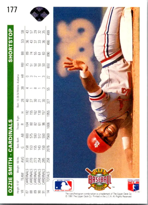 Ozzie Smith sliding into base on 1992 Upper Deck St. Louis Cardinals baseball card