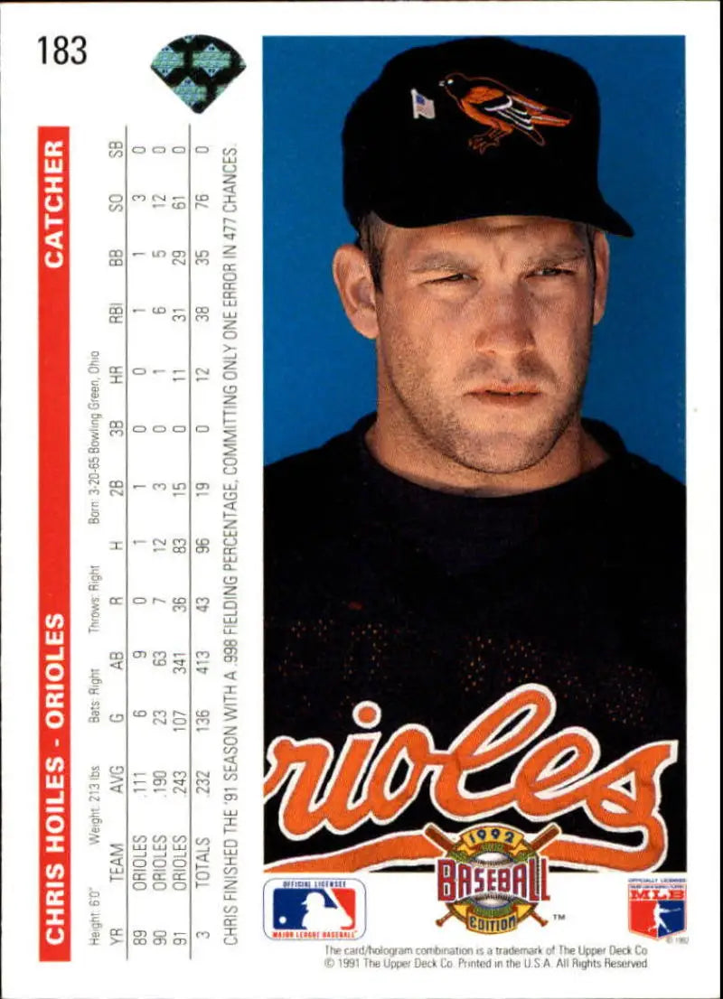 Baltimore Orioles Baseball Card of Chris Hoiles in black cap and jersey by Upper Deck