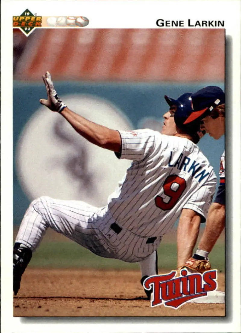 Minnesota Twins player Gene Larkin diving during play on an Upper Deck baseball card