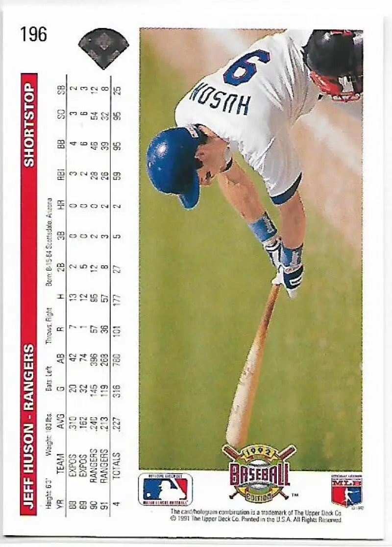 Jeff Huson balancing on a bat in 1992 Upper Deck Texas Rangers Baseball Card