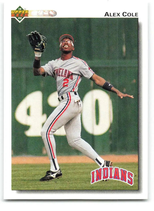 Baseball card of Alex Cole making a catch in Cleveland Indians away uniform