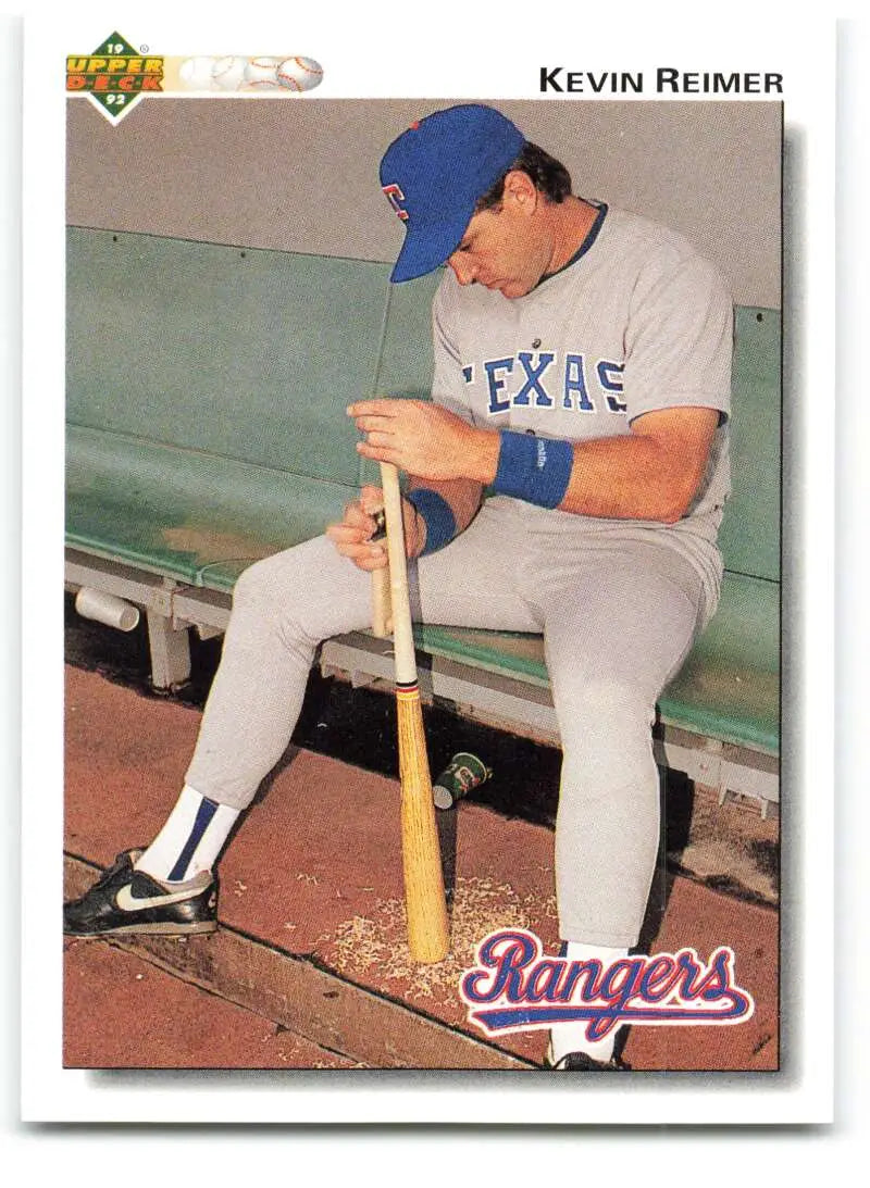 Kevin Reimer in Texas Rangers uniform with bat in dugout, Upper Deck baseball card