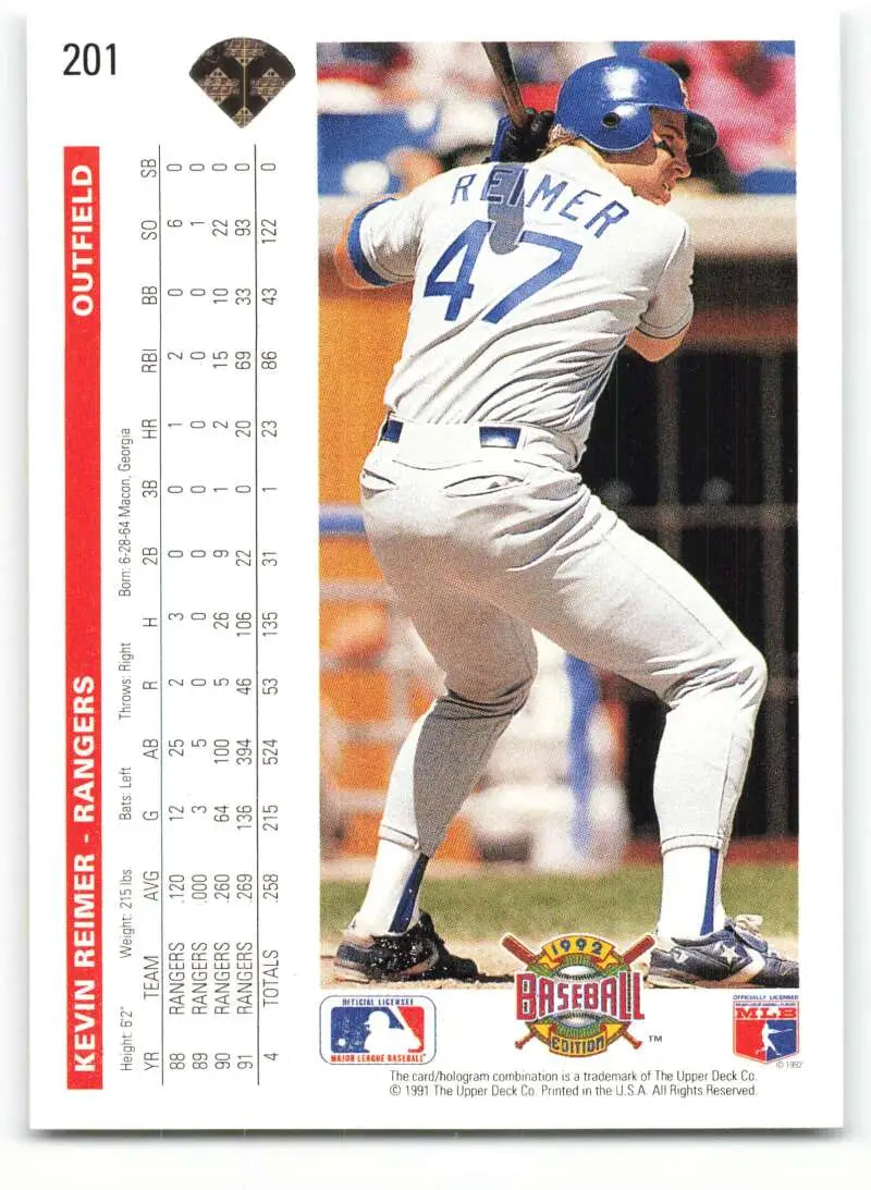 Baseball card of Kevin Reimer in white uniform number 47 for Texas Rangers Upper Deck