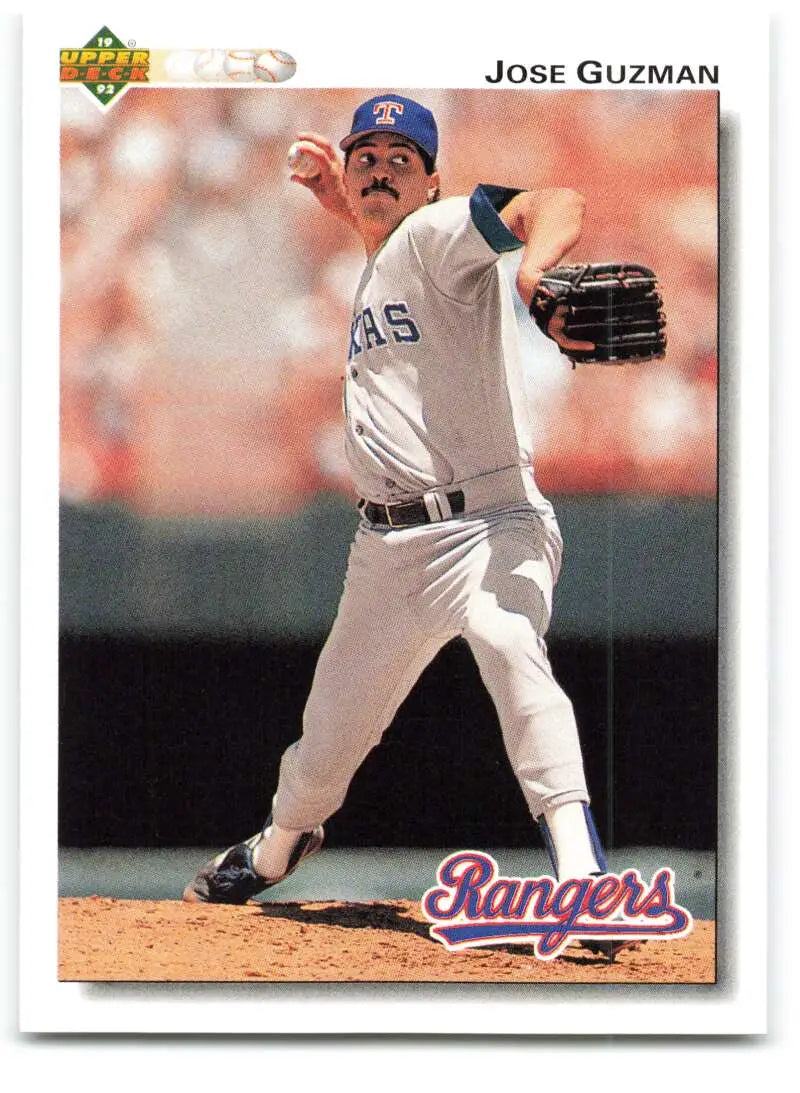 Jose Guzman mid-pitch in Texas Rangers uniform on 1992 Upper Deck baseball card