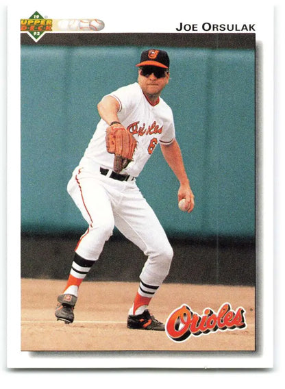 Baltimore Orioles player Joe Orsulak preparing to field ball in Upper Deck baseball card