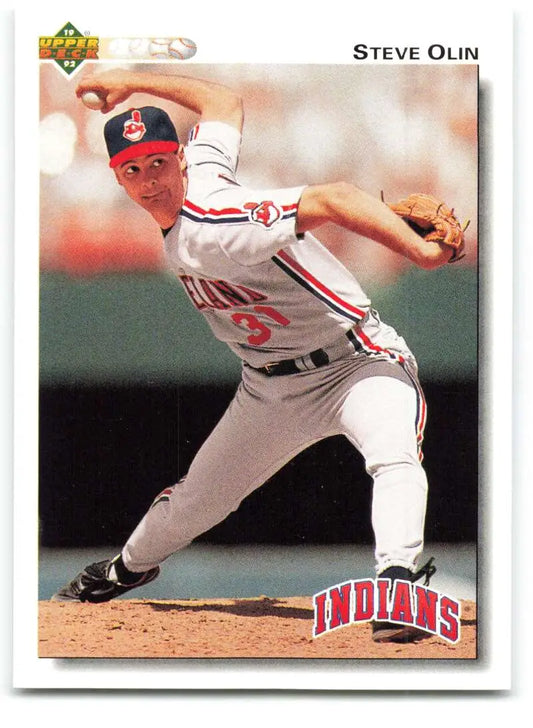 Cleveland Indians Baseball card of Steve Olin mid-throw in white and red uniform