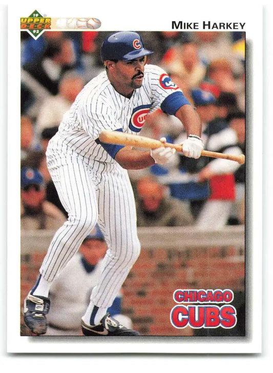 Baseball player Mike Harkey in Chicago Cubs pinstripes bunting for Upper Deck card