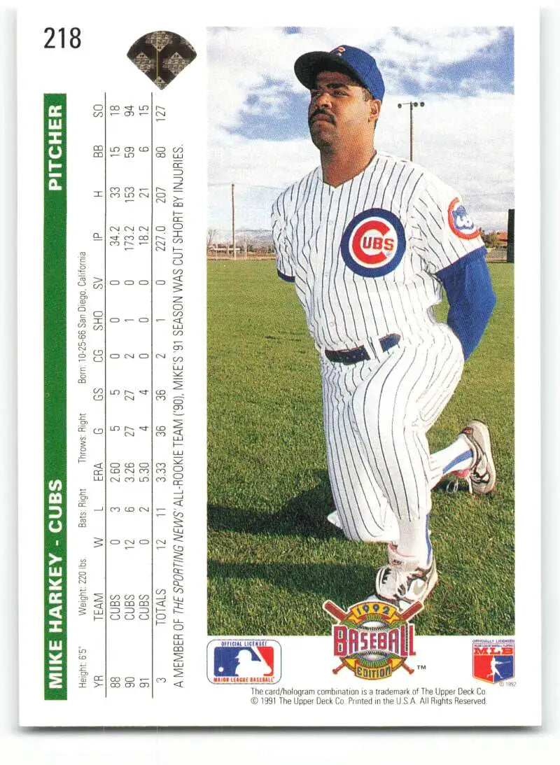 Chicago Cubs 1992 Upper Deck #218 Mike Harkey Baseball Card in pinstripe uniform