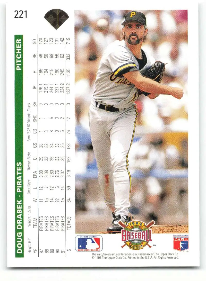 Doug Drabek mid-throw in gray uniform on 1992 Upper Deck Pittsburgh Pirates baseball card