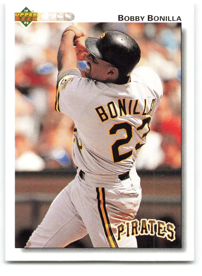 Bobby Bonilla swinging a bat on a Pittsburgh Pirates baseball card from 1992 Upper Deck