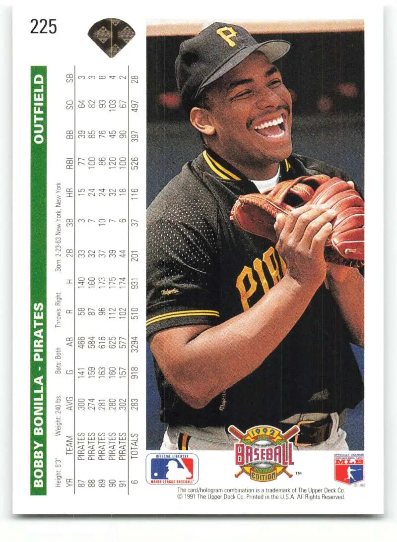 Bobby Bonilla baseball card featuring a smiling Pittsburgh Pirates player in uniform