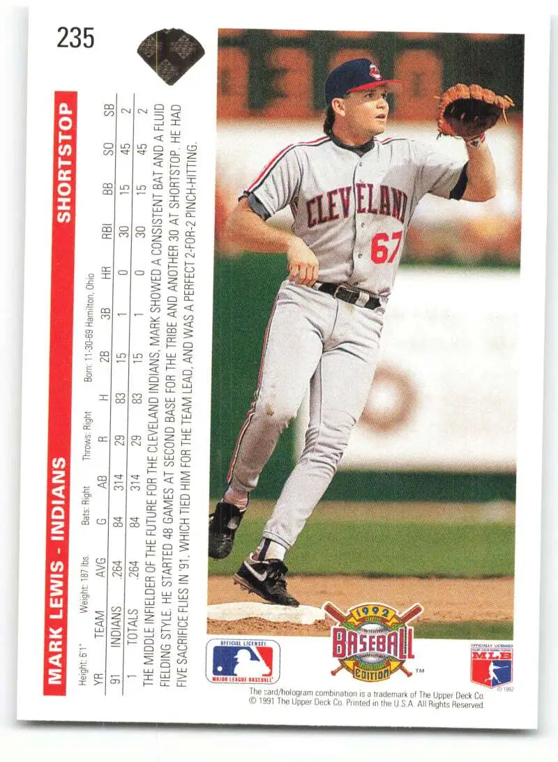 Cleveland Indians Mark Lewis pitching in white uniform on 1992 Upper Deck card