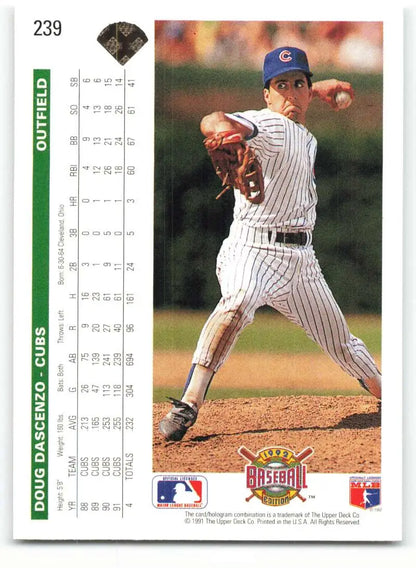 Baseball card of Doug Dascenzo delivering in a Chicago Cubs pinstriped uniform