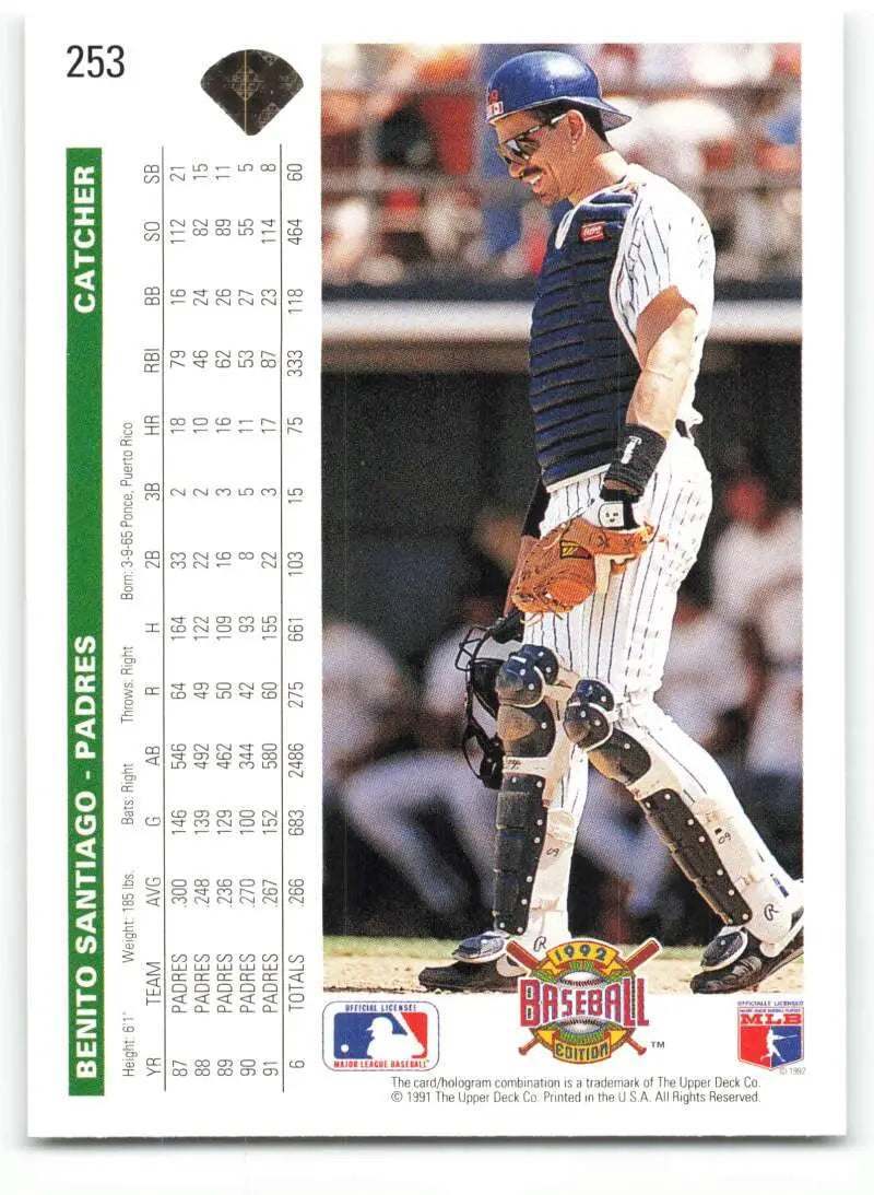 1992 Upper Deck Benito Santiago Baseball Card featuring San Diego Padres catcher in pinstripes