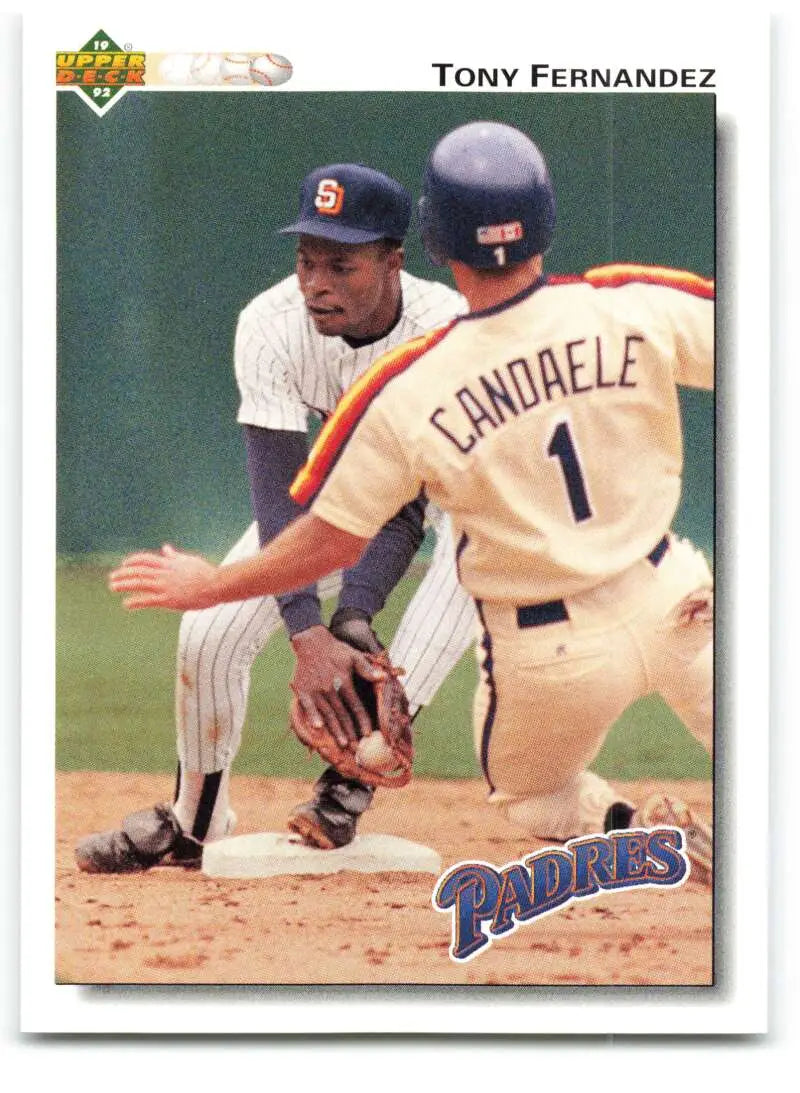 Baseball card of Tony Fernandez tagging a baserunner for the San Diego Padres