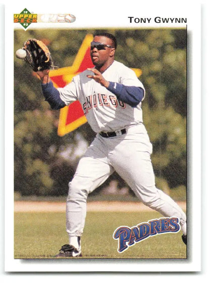 Tony Gwynn in San Diego Padres away uniform catching a ball, Upper Deck baseball card