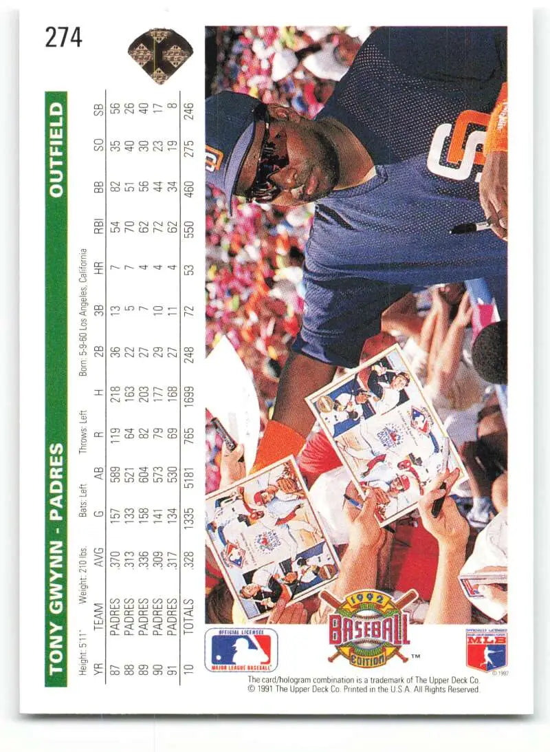 Back of 1992 Upper Deck Tony Gwynn card showing San Diego Padres statistics and data