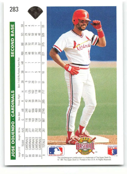 1992 Upper Deck Jose Oquendo Baseball Card in St. Louis Cardinals White Uniform