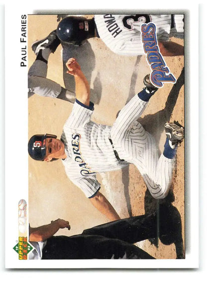 Baseball player sliding into base in a San Diego Padres uniform on 1992 Paul Faries card