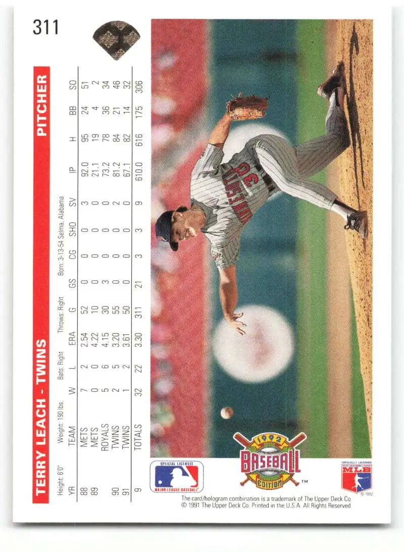 Terry Leach mid-delivery on mound featured in 1992 Upper Deck Minnesota Twins baseball card