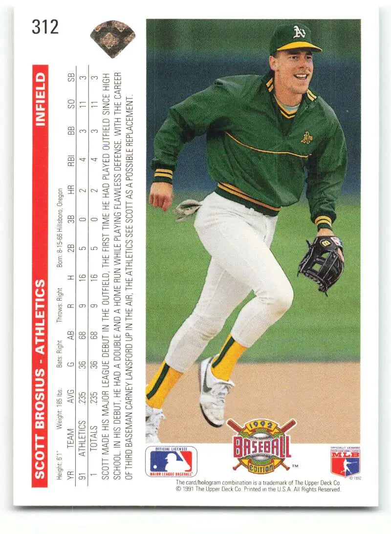 Scott Brosius fielding in green jersey on 1992 Upper Deck Rookie Oakland Athletics Card