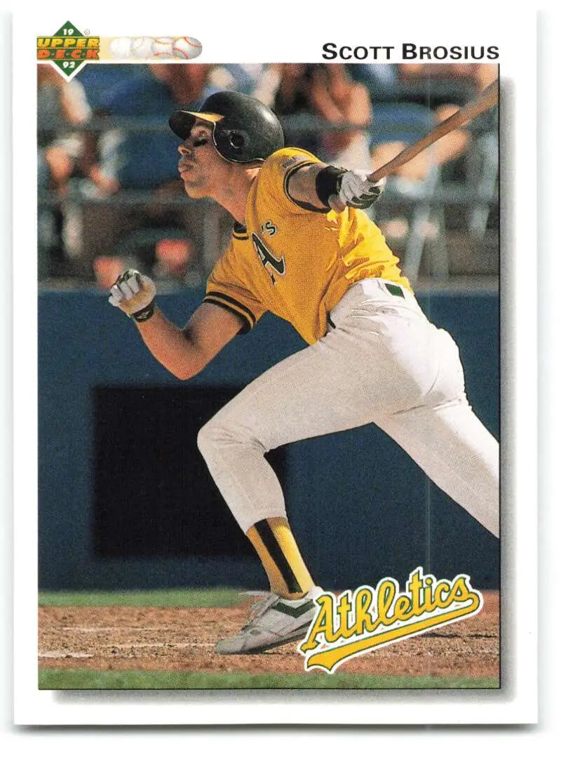 Scott Brosius swinging bat on 1992 Upper Deck Rookie Oakland Athletics Baseball Card