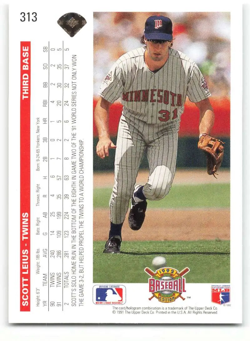 Scott Leius running on field in pinstriped uniform on Minnesota Twins baseball card