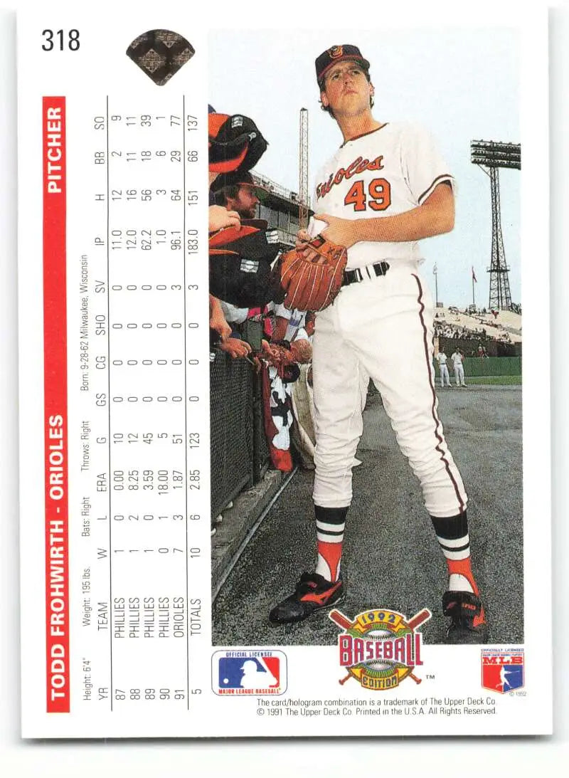 Baseball card of Todd Frohwirth in white Orioles uniform with red trim, number 49