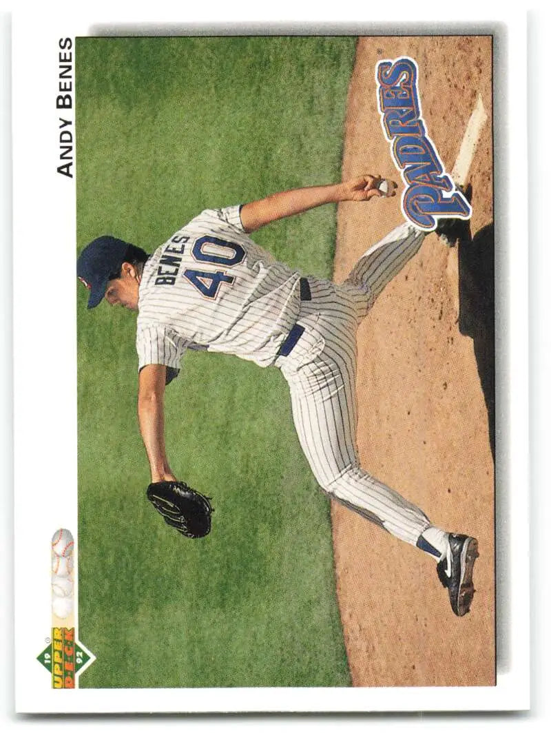 Andy Benes in white pinstriped uniform pitching for San Diego Padres on the mound