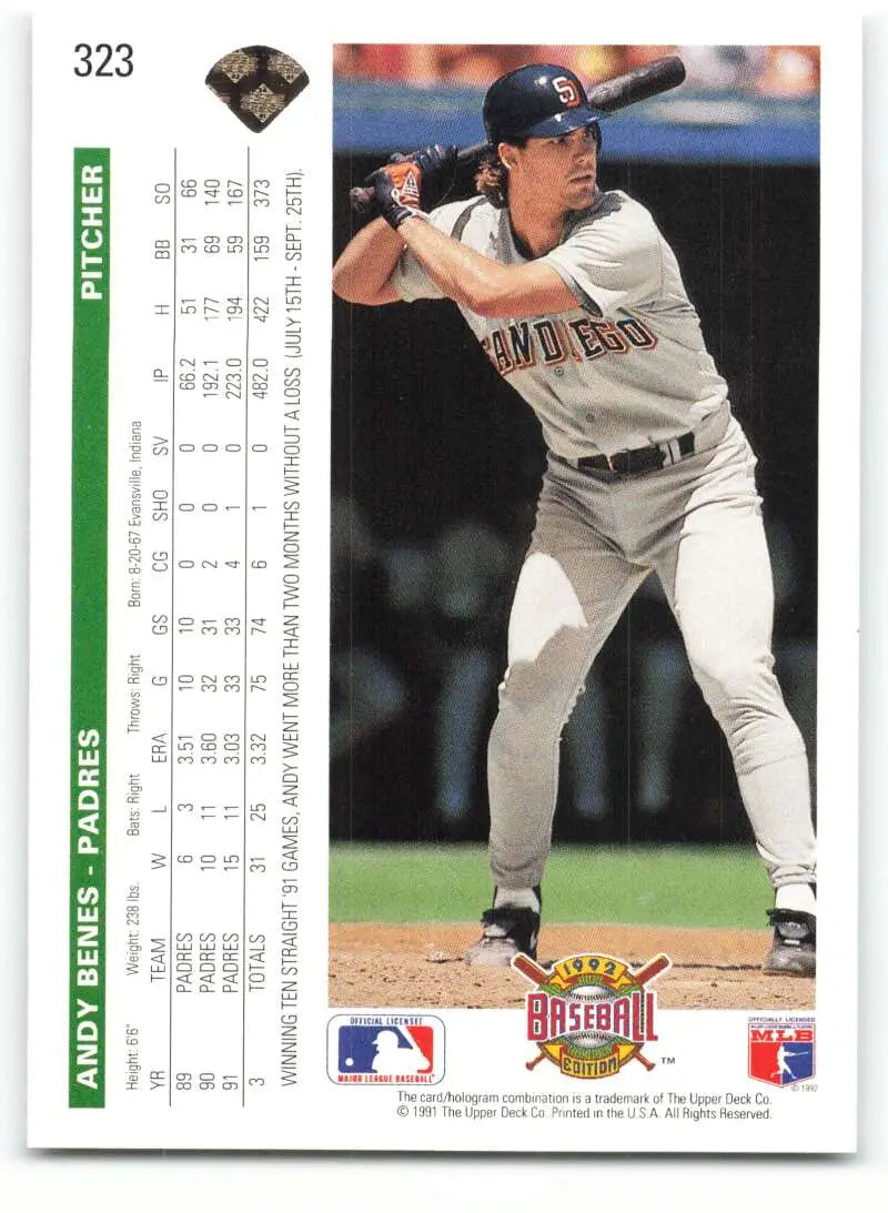 Baseball card of Andy Benes batting in a white uniform for the San Diego Padres