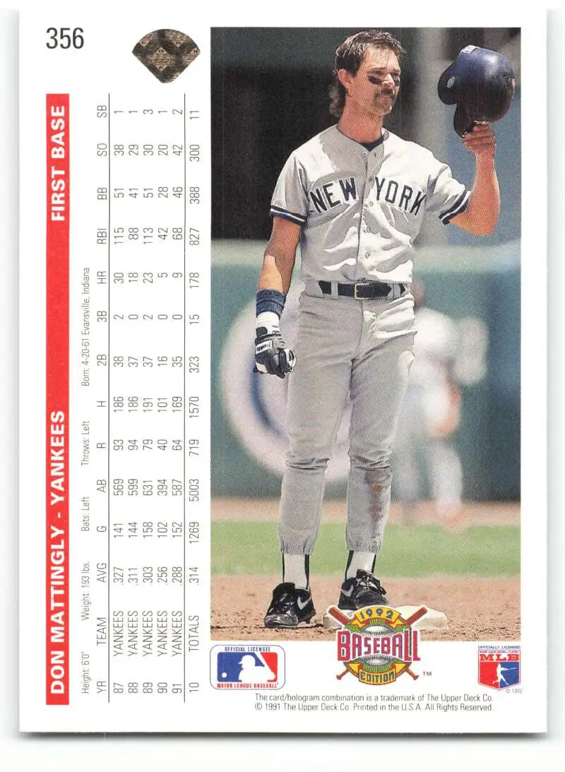 Don Mattingly baseball card featuring New York Yankees road gray uniform design