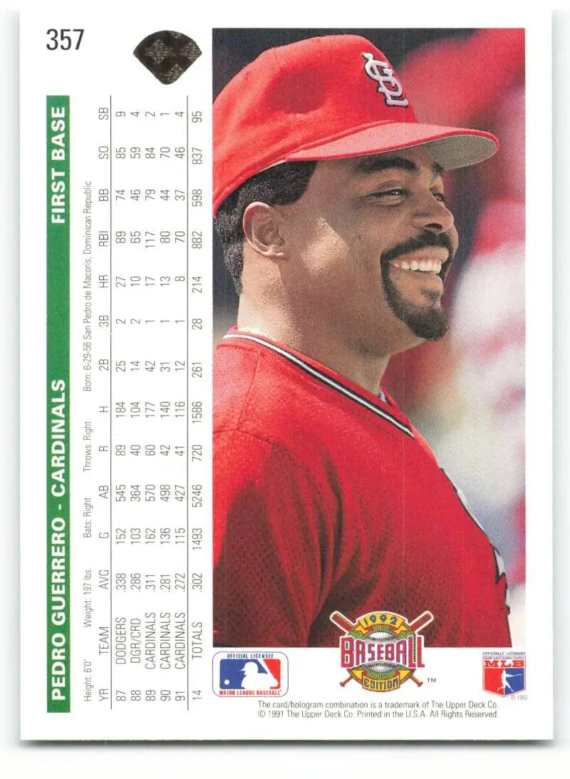 Pedro Guerrero in red uniform on 1992 Upper Deck St. Louis Cardinals baseball card