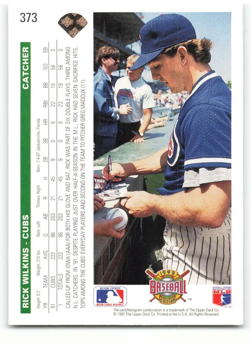 Rick Wilkins Chicago Cubs baseball card featuring player signing autographs in blue uniform