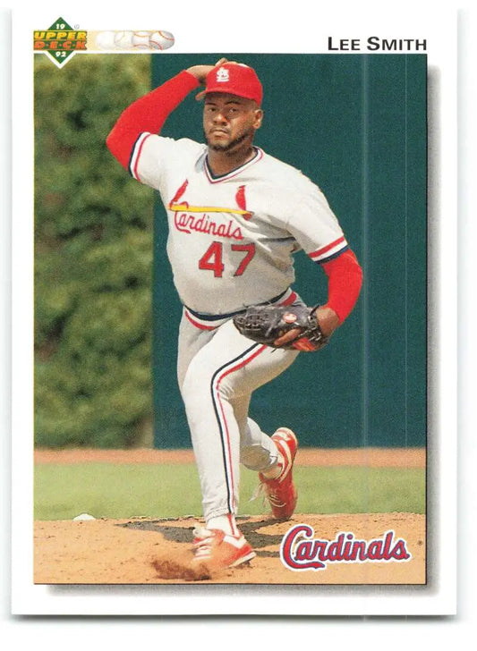 Baseball card of Lee Smith mid-throw for Louis Cardinals in Upper Deck design