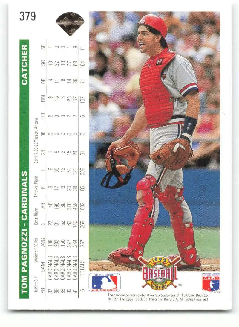 Baseball card of Tom Pagnozzi in gray and red gear, 1992 Upper Deck St. Louis Cardinals