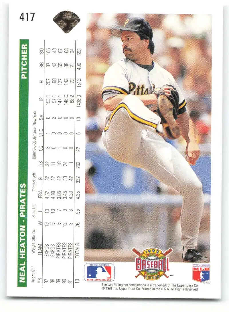 Neal Heaton delivering pitch in white uniform, 1992 Upper Deck Pittsburgh Pirates card